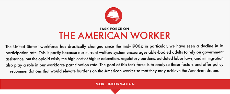 The goal of this task force is to analyze these factors and offer policy recommendations that would elevate burdens on the American worker so that they may achieve the American dream
